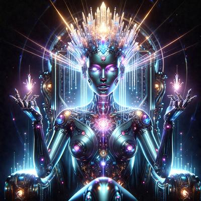 The primary subject of the image is a futuristic robotic woman with a crown on her head. She is sitting on a chair, which is part of a larger chair-like structure. The setting appears to be a futuristic environment, possibly a space station or a high-tech facility. The visual style of the image is digital art, as it features a highly detailed and intricate robotic woman. The colors and mood of the image are predominantly blue and purple, giving it a futuristic and otherworldly atmosphere.